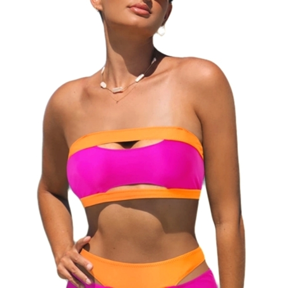 CUT-OUT PINK AND ORANGE COLOR-BLOCK BANDEAU BIKINI TOP SIZE LARGE NWOT - Picture 1 of 2